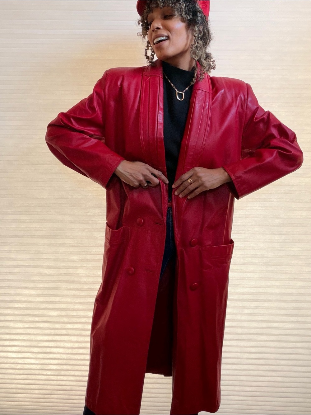 Vintage Donna Pelle Red Leather Midi Trench Coat